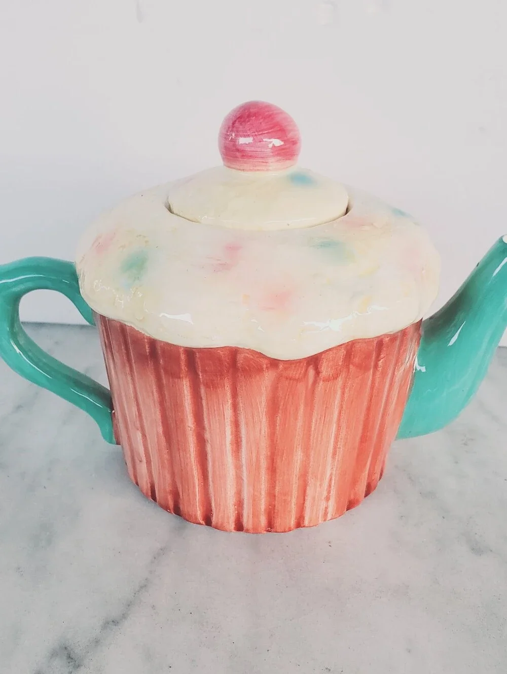 Cupcake Teapot Sprinkles Cherry Lid Ceramic Green Multi Colored Pastel Vintage